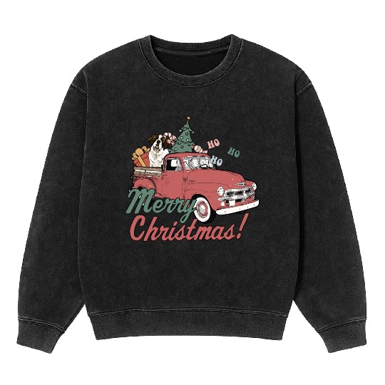 Vintage Red Pick Up Truck Merry Christmas Saint Mineral Wash Sweatshirts