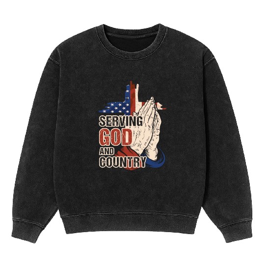 Serving God And Country US Flag Cross Patriotic Ch Mineral Wash Sweatshirts