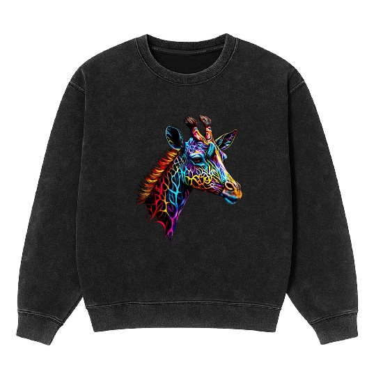 Giraffe Enveloped in Vibrant Neon Patterns Mineral Wash Sweatshirts