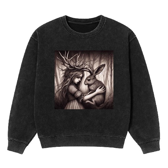 Illustration of Girl with Jackalope Mineral Wash Sweatshirts