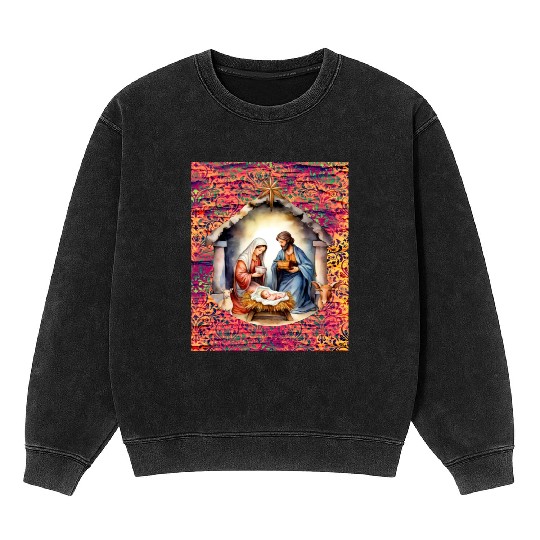 Nativity scene with Mary Joseph Baby Jesus Mineral Wash Sweatshirts