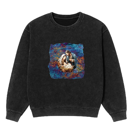 Nativity scene with Mary Joseph Baby Jesus Mineral Wash Sweatshirts