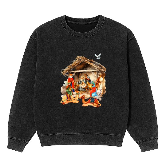 Nativity scene with Mary Joseph Baby Jesus Mineral Wash Sweatshirts