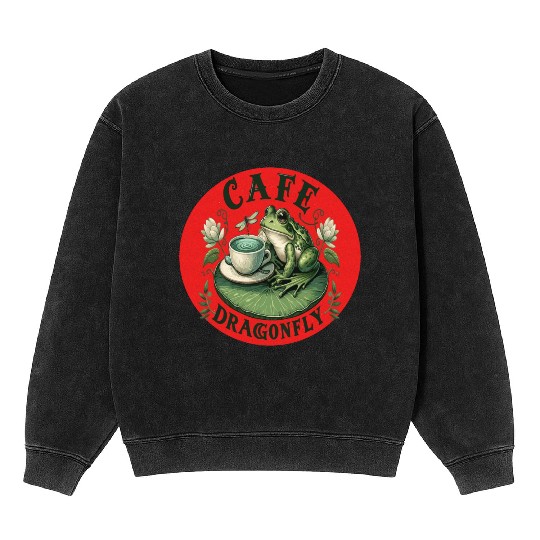 Cafe Dragonfly: Whimsical Serene Frog on Lily Pad Mineral Wash Sweatshirts