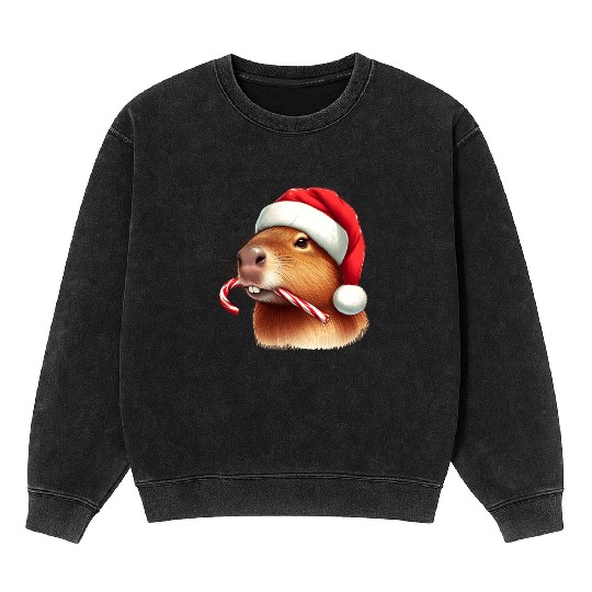 Festive capybara with candy cane Mineral Wash Sweatshirts
