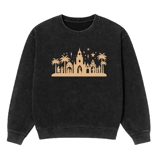 Nativity Scene with Mary Joseph Baby Jesus Mineral Wash Sweatshirts