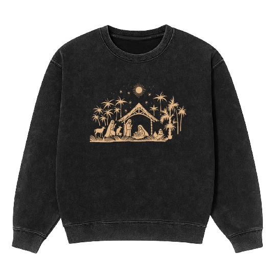 Nativity Scene with Mary Joseph Baby Jesus Mineral Wash Sweatshirts