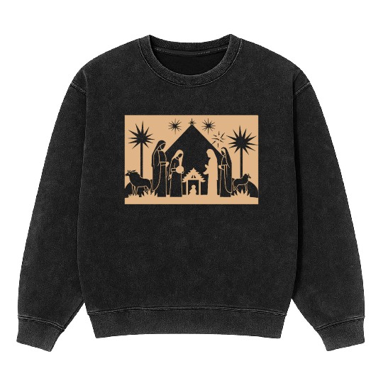 Nativity Scene with Mary Joseph Baby Jesus Mineral Wash Sweatshirts