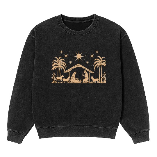 Nativity Scene with Mary Joseph Baby Jesus Mineral Wash Sweatshirts