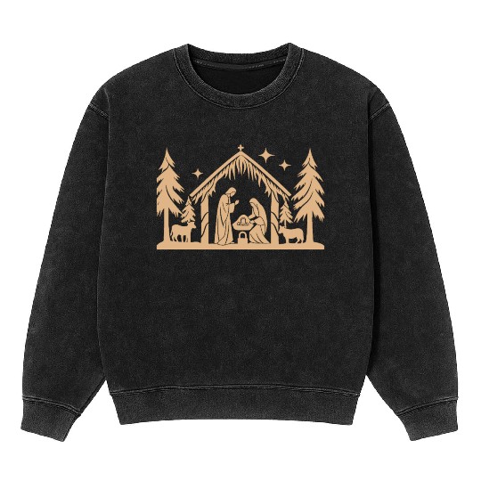 Nativity Scene with Mary Joseph Baby Jesus Mineral Wash Sweatshirts