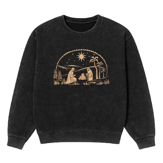 Nativity Scene with Mary Joseph Baby Jesus Mineral Wash Sweatshirts
