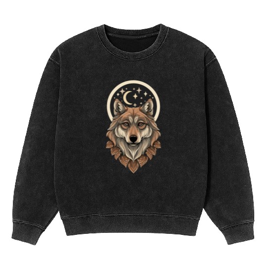 Wolf Moon Stars Design Mineral Wash Sweatshirts