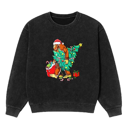 Bigfoot Christmas Sasquatch Squad Crew Tree Lights Mineral Wash Sweatshirts