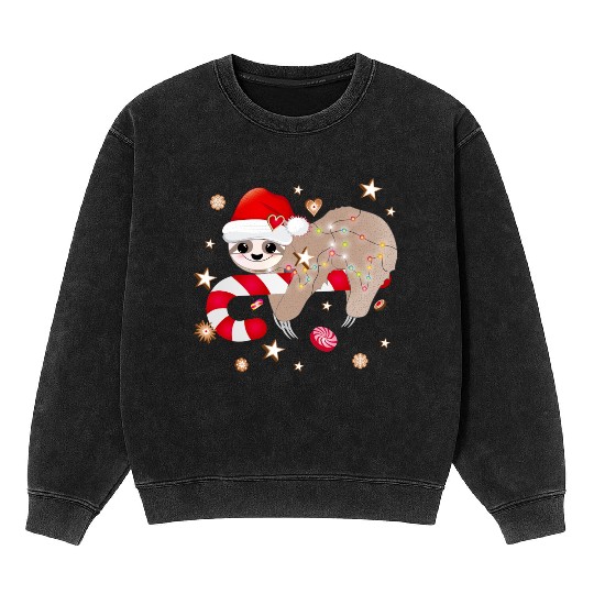 funny sloth with candy cane for Christmas Mineral Wash Sweatshirts