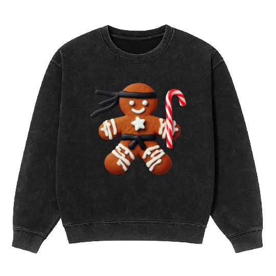 Funny Ninja Gingerbread Man Cookie Candy Cane Mineral Wash Sweatshirts