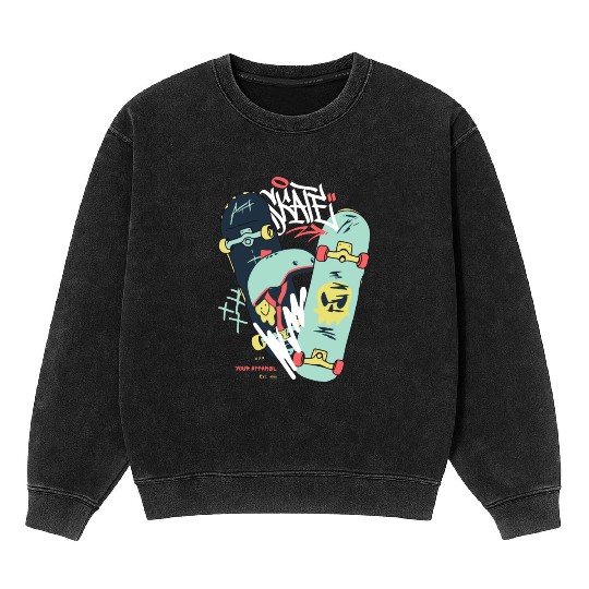 Black Light Green Modern Illustrated Skateboard Mineral Wash Sweatshirts