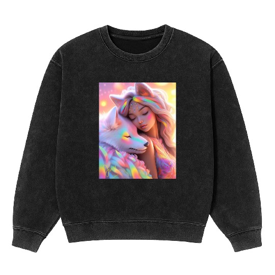 Rainbow Friends - White Wolf and Girl Mineral Wash Sweatshirts