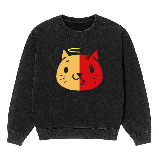 Two Face Cat Angel And Devil Mineral Wash Sweatshirts