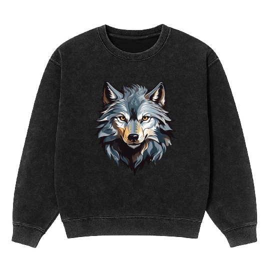 Majestic Wolf Face Illustration Mineral Wash Sweatshirts