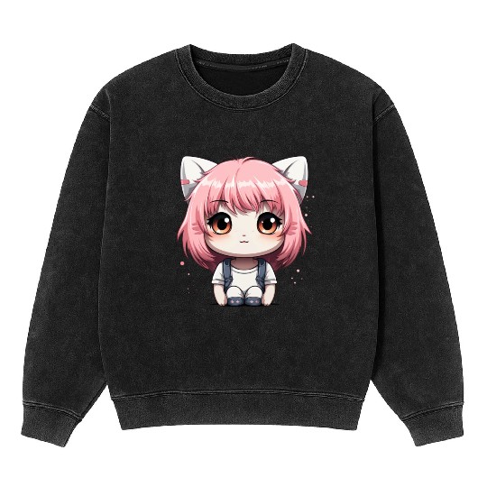 kawaii cat face with cat head Mineral Wash Sweatshirts