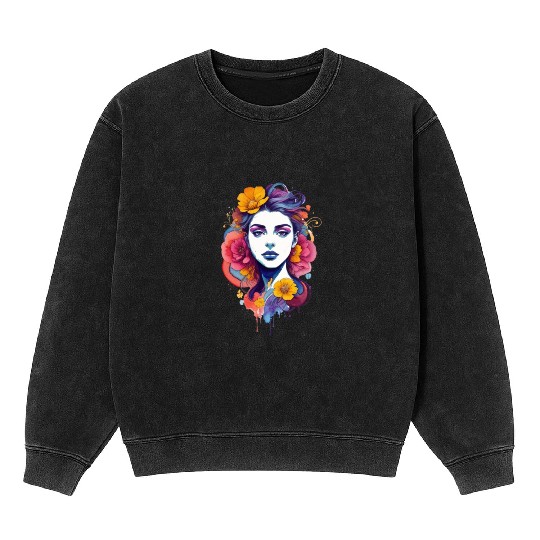 Stylish, bright art. Girl with flowers in her hair Mineral Wash Sweatshirts