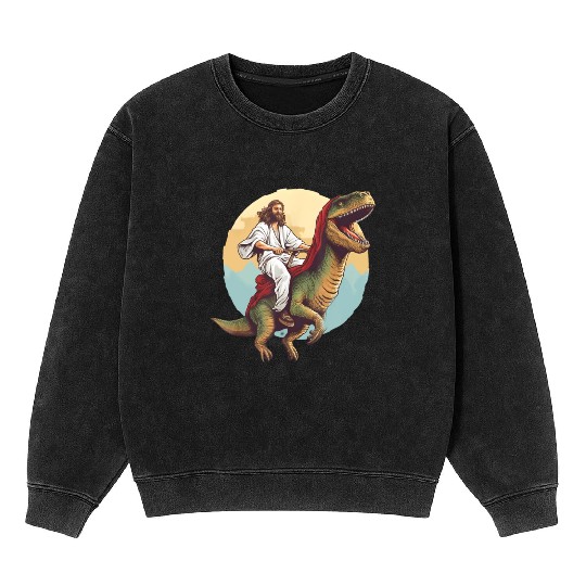 Jesus Riding a Dinosaur Meme Dino Lover Mineral Wash Sweatshirts