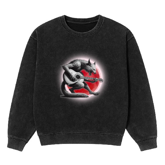 Rock Cat Playing Guitar Mineral Wash Sweatshirts under the red moon
