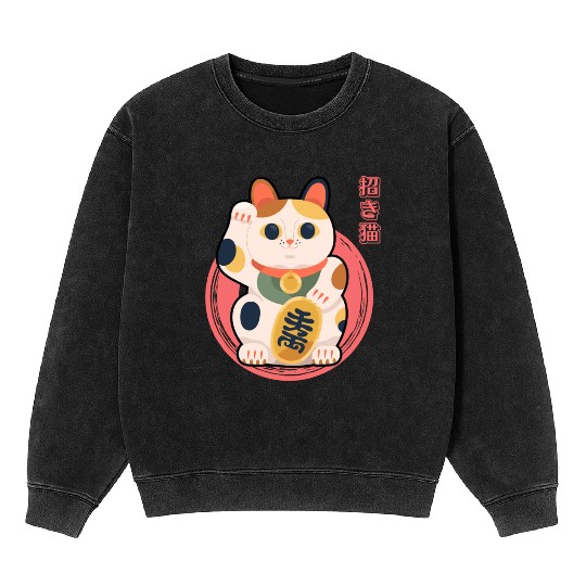 Japanese Maneki Neko Kawaii Mineral Wash Sweatshirts