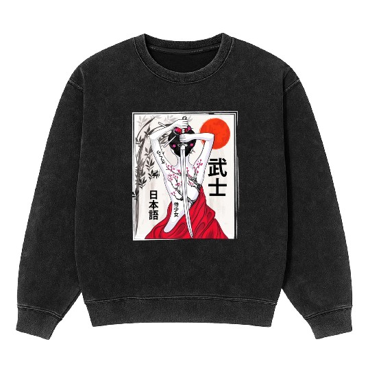 Vintage Japanese Samurai Culture Sakura Scenery Mineral Wash Sweatshirts