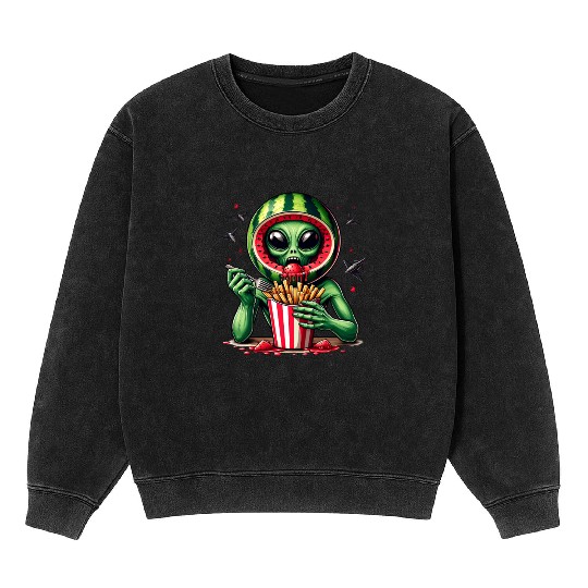 Alien with watermelon helmet eats fries Mineral Wash Sweatshirts