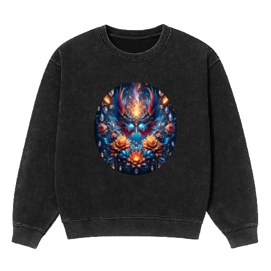 Phoenix Rebirth in Cosmic Bloom Mineral Wash Sweatshirts