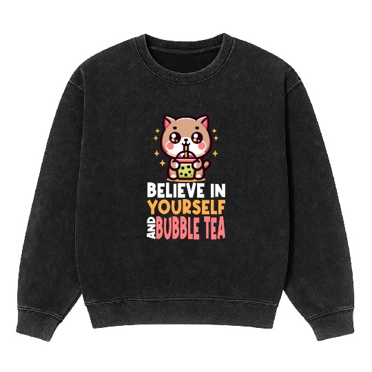 Kawaii Cat Bubble Tea Boba Drink Korean Asian Mineral Wash Sweatshirts