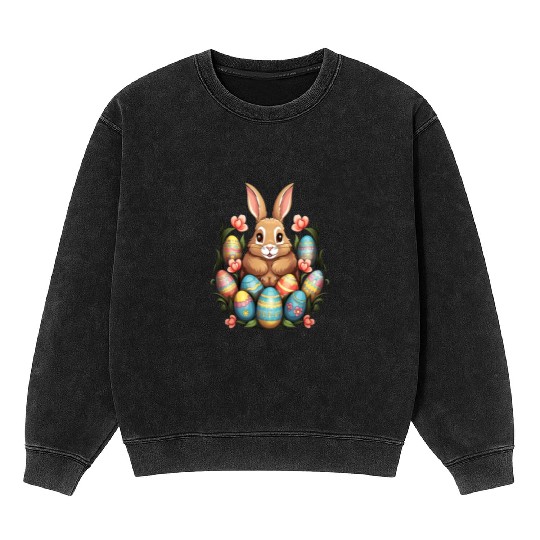 Easter Bunny Rabbit Colorful Eggs Easter Egg Hunt Mineral Wash Sweatshirts