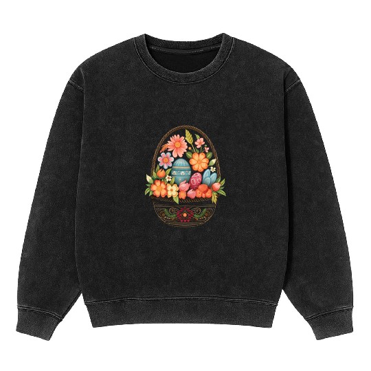 Easter Day Easter Egg Basket Spring Flowers Mineral Wash Sweatshirts
