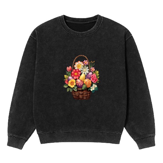 Easter Day Easter Egg Basket Spring Flowers Mineral Wash Sweatshirts