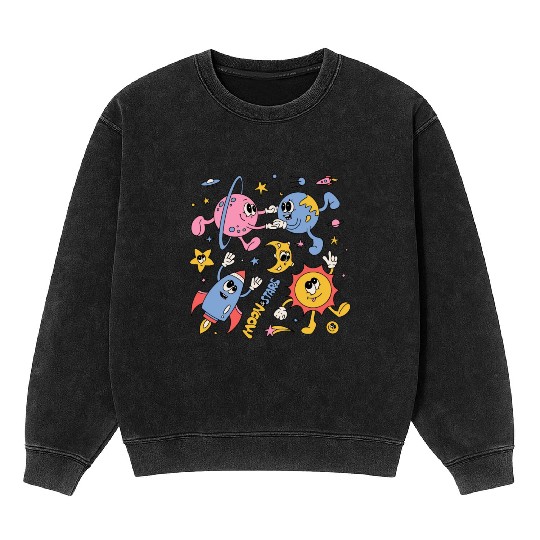 Solar System Planets Moon Sun Saturn Cute Groovy Mineral Wash Sweatshirts