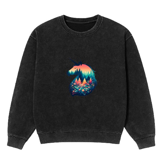 Nature in Unicorn Pattern Mineral Wash Sweatshirts