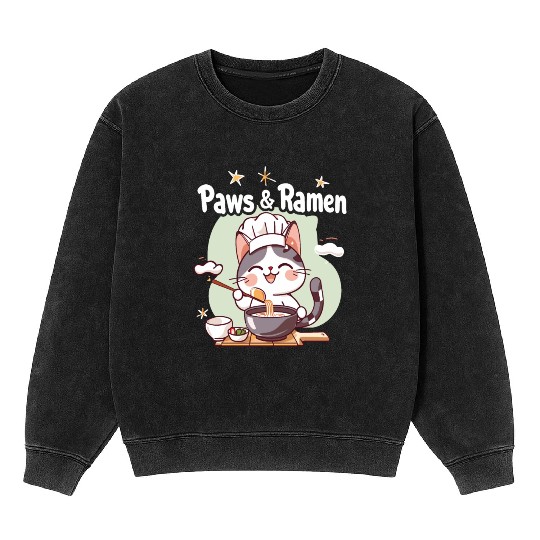 Paws and Ramen Funny Cats Animal Sayings Mineral Wash Sweatshirts