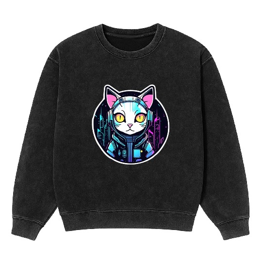 Cyberpunk Cat Mineral Wash Sweatshirts