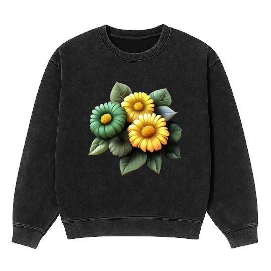 Flowers Floral Design Verdant Green and Yellow Mineral Wash Sweatshirts