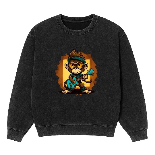 Monkey Chimpanzee Playing Acousitc Rock Guitar Mineral Wash Sweatshirts