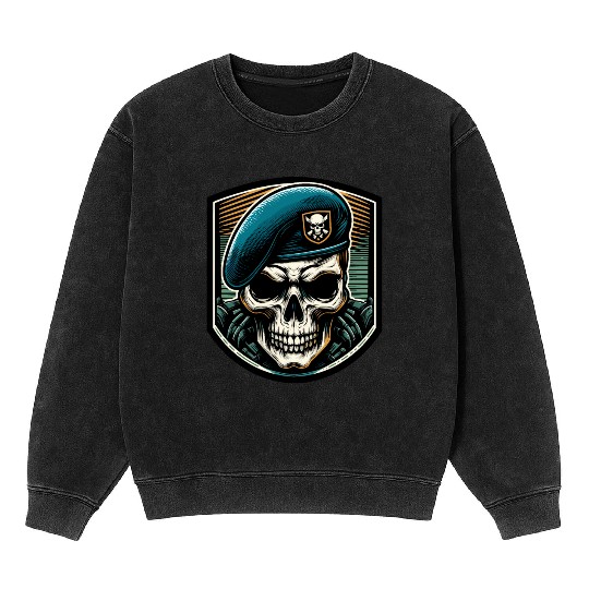 Beret Skull Military Emblem Mineral Wash Sweatshirts