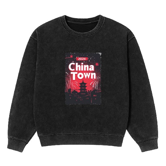 ChinaTown Ignites: Synthwave Red & Black Shiluette Mineral Wash Sweatshirts