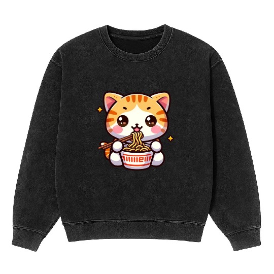 Cute Cat Eating Ramen Mineral Wash Sweatshirts