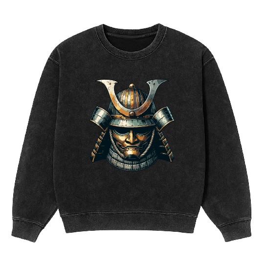 Stylized Samurai Helmet Mineral Wash Sweatshirts