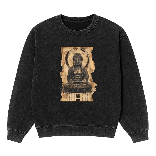 Vintage Papyrus Scroll Japanese Silhouette Buddha Mineral Wash Sweatshirts