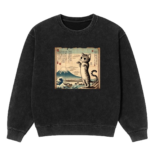 Mt. Fuji Kitten Papyrus Scroll Retro Japanese Art Mineral Wash Sweatshirts