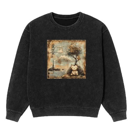 Mt. Fuji Kitten Papyrus Scroll Retro Japanese Art Mineral Wash Sweatshirts