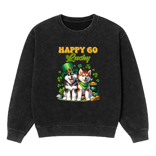 Happy Go Lucky Cute Husky St Patricks Day Mineral Wash Sweatshirts