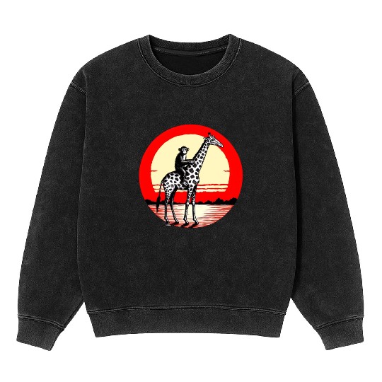 Sunset Safari: Monkey Riding Giraffe Mineral Wash Sweatshirts